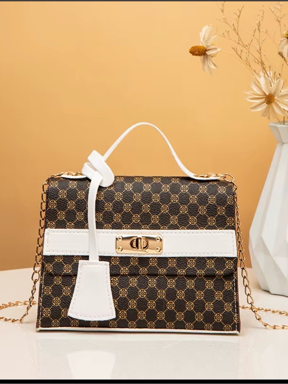 Classic Top-Handle Satchel Bag in Brown and White